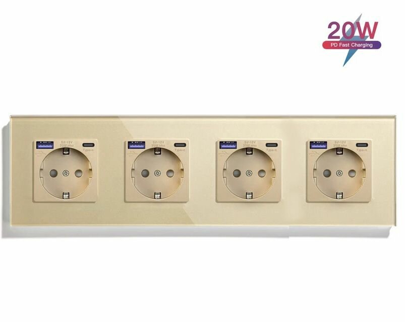 Розетка электрическая 4 поста АC, быстрая зарядка 20W, стекло 299х86 мм, цвет золотой