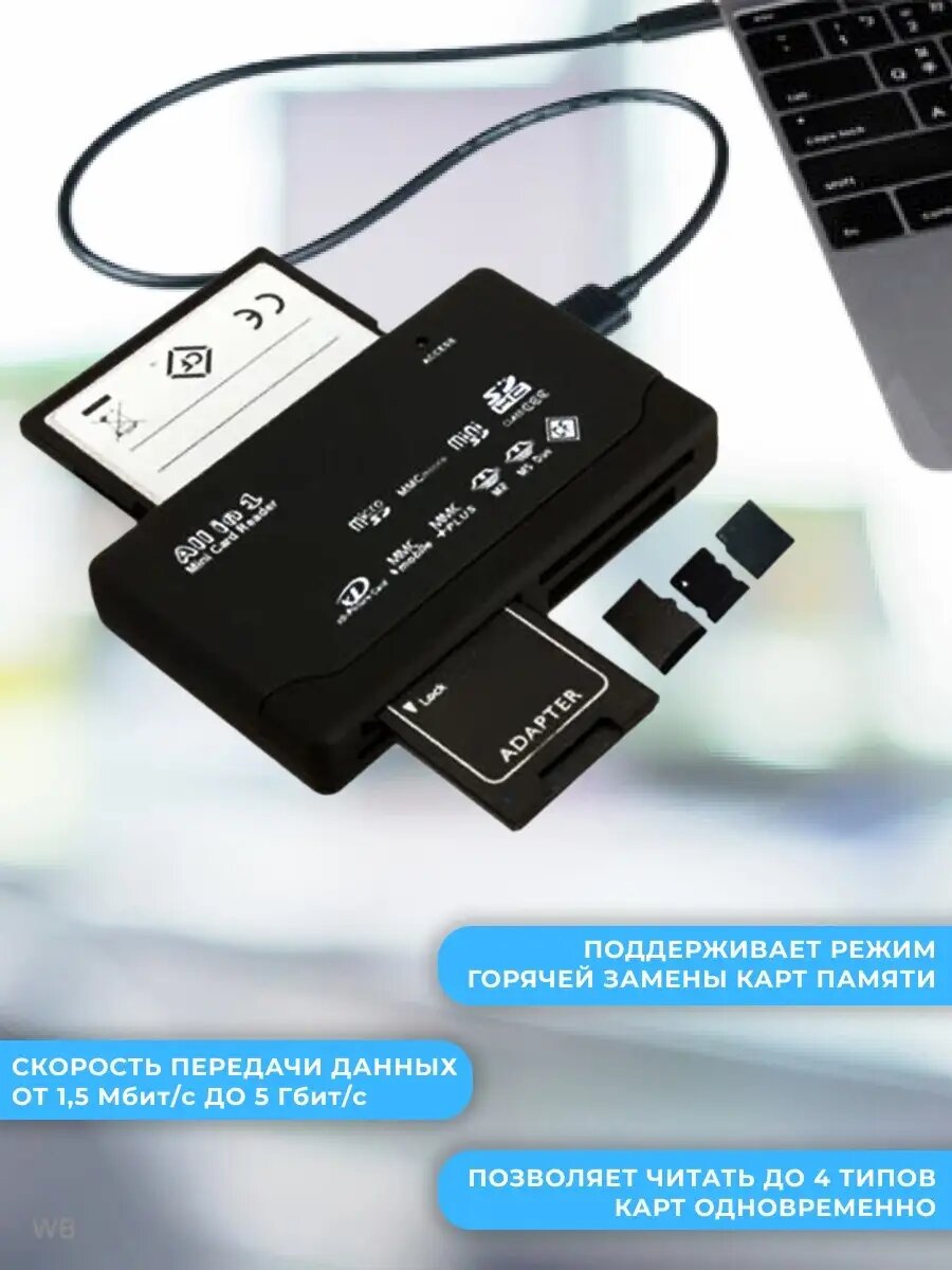 Мульти Картридер All-in-1, внешний, 6 слотов для типов карт: SD, MicroSD, MMC, xD, M2, MS Duo, CF, USB 2.0, черный — фото 1