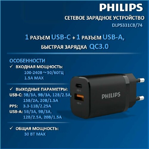 Зарядное устройство для телефона Philips DLP5331CB74 GAN USB-C и USB-A 30W быстрая зарядка QC30 чёрный 2190₽