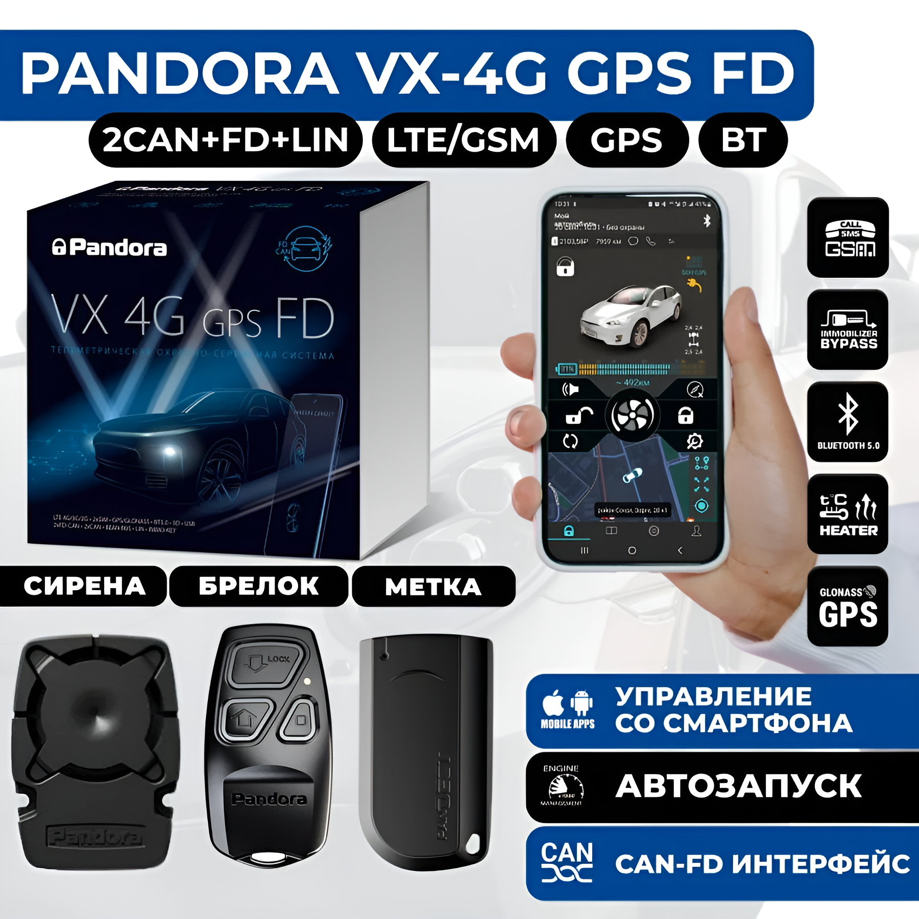 Автосигнализация Pandora VX-4G GPS FD (Автозапуск, 2CAN-FD, Bluetooth, LTE/GSM, GPS/ГЛОНАСС, Брелок + Метка)