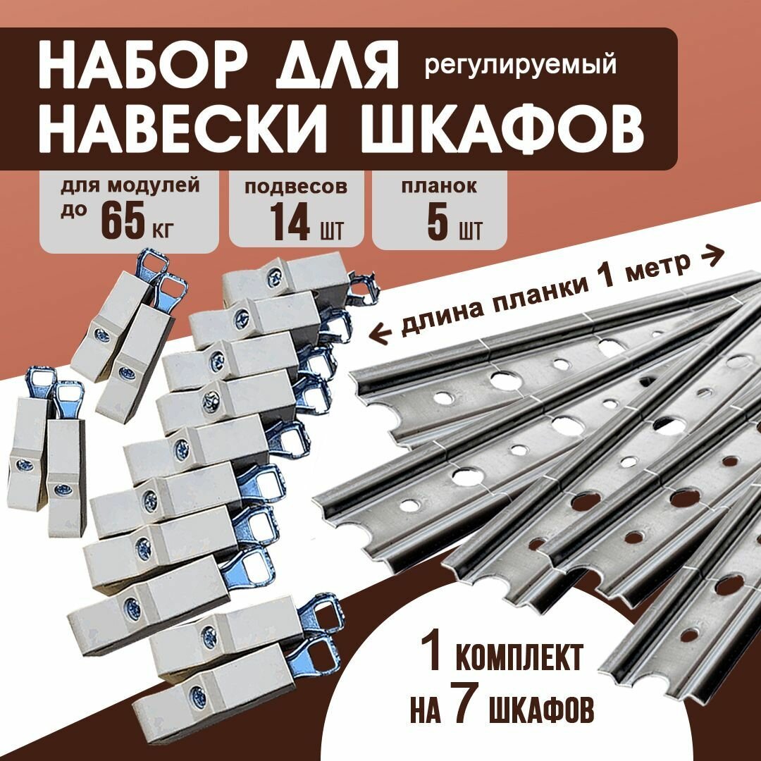 Набор для навески кухонных шкафов шина для подвеса длина 1000 мм-5 штука + навесы 14 шт.