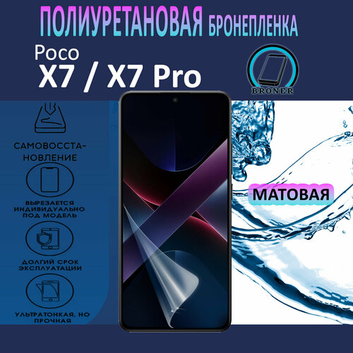 Полиуретановая бронепленка для Poco X7, X7 Pro / Защитная плёнка на экран, совместима с чехлом, с вырезом под камеру / Матовая