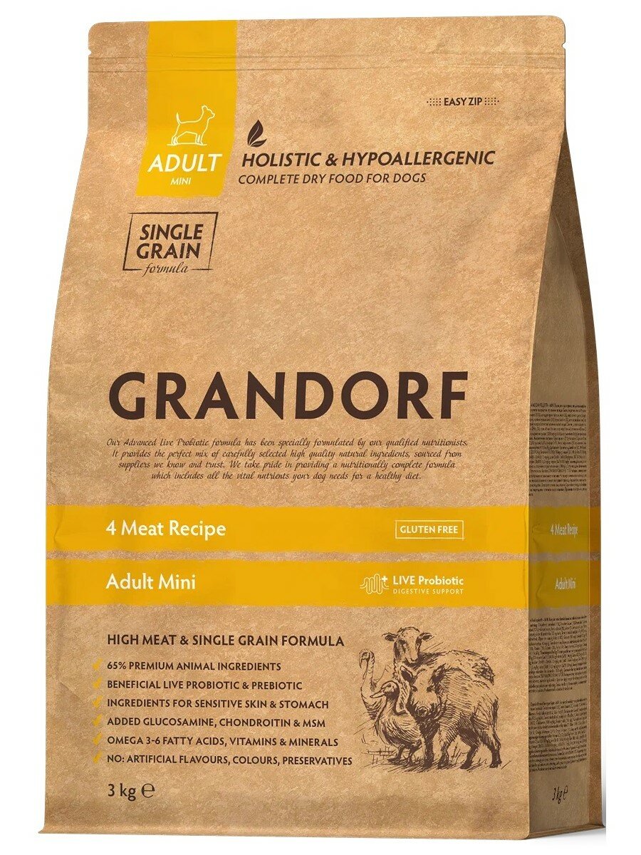 Сухой корм GRANDORF MINI DOG 4 Meat PROBIOTIC для собак мелких пород, 4 вида мяса 3кг — фото 1