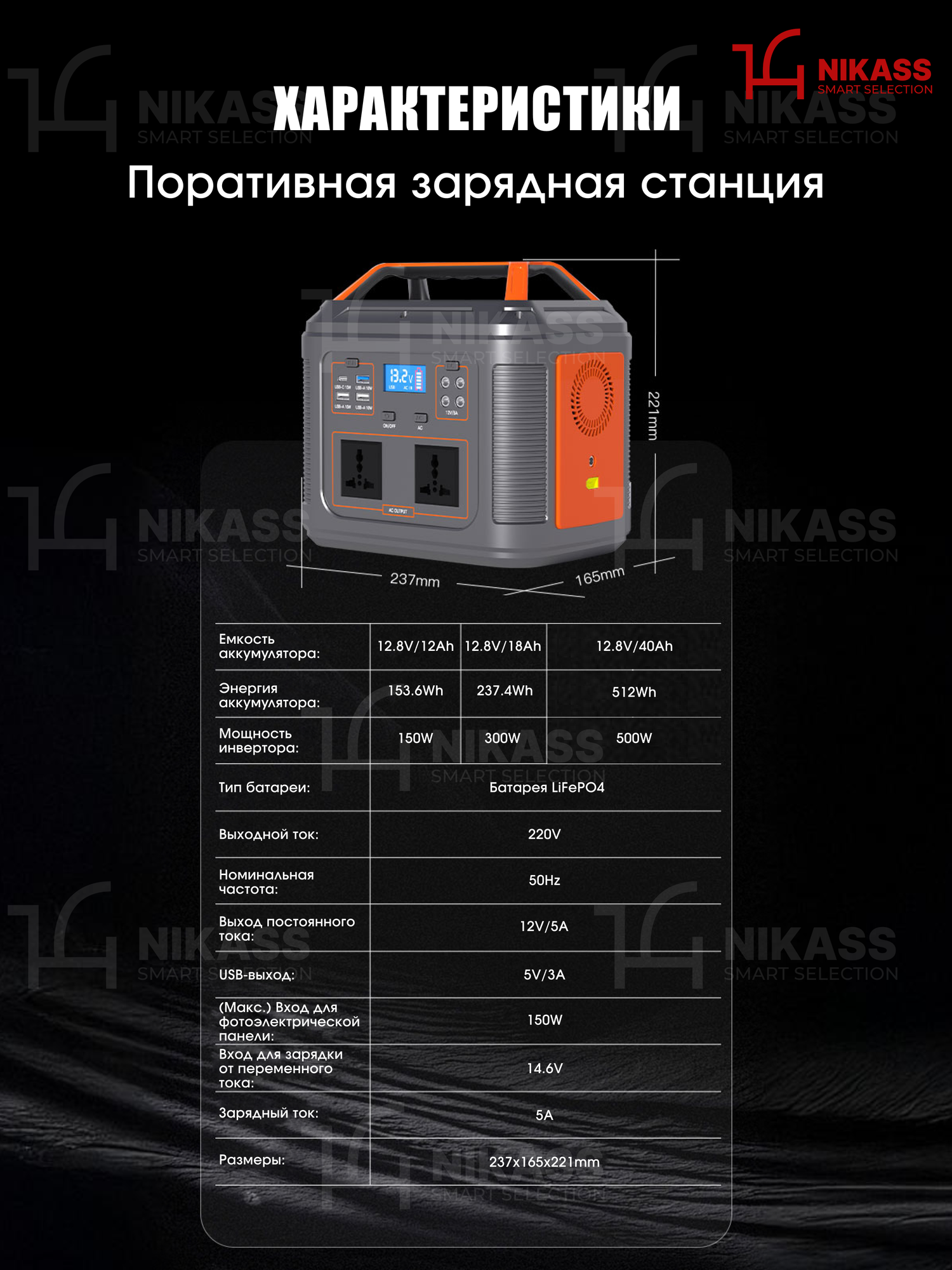 Портативная зарядная станция 500 Вт 160000 mAh NIKASS с розеткой — фото 1