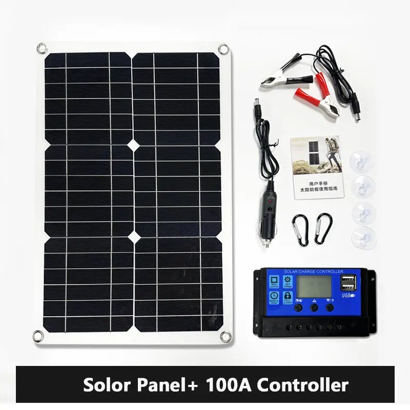 Солнечная панель 1000 Вт, контроллер 12В, 2 USB, для дома и авто, With 100A Controller