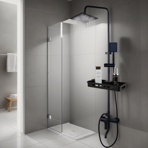 Изображение товара Матовая черная ванная комната душ набор дождь душ голова настенная 3 функции дождь душ система и полка
