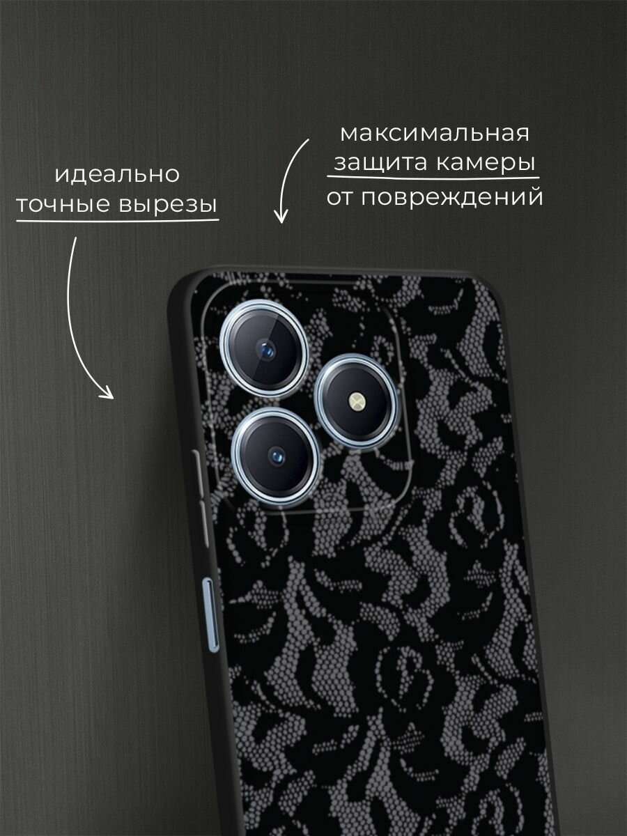 Черный матовый чехол на Realme C63 / Реалми С63 с принтом Черные кружева цветов — фото 1