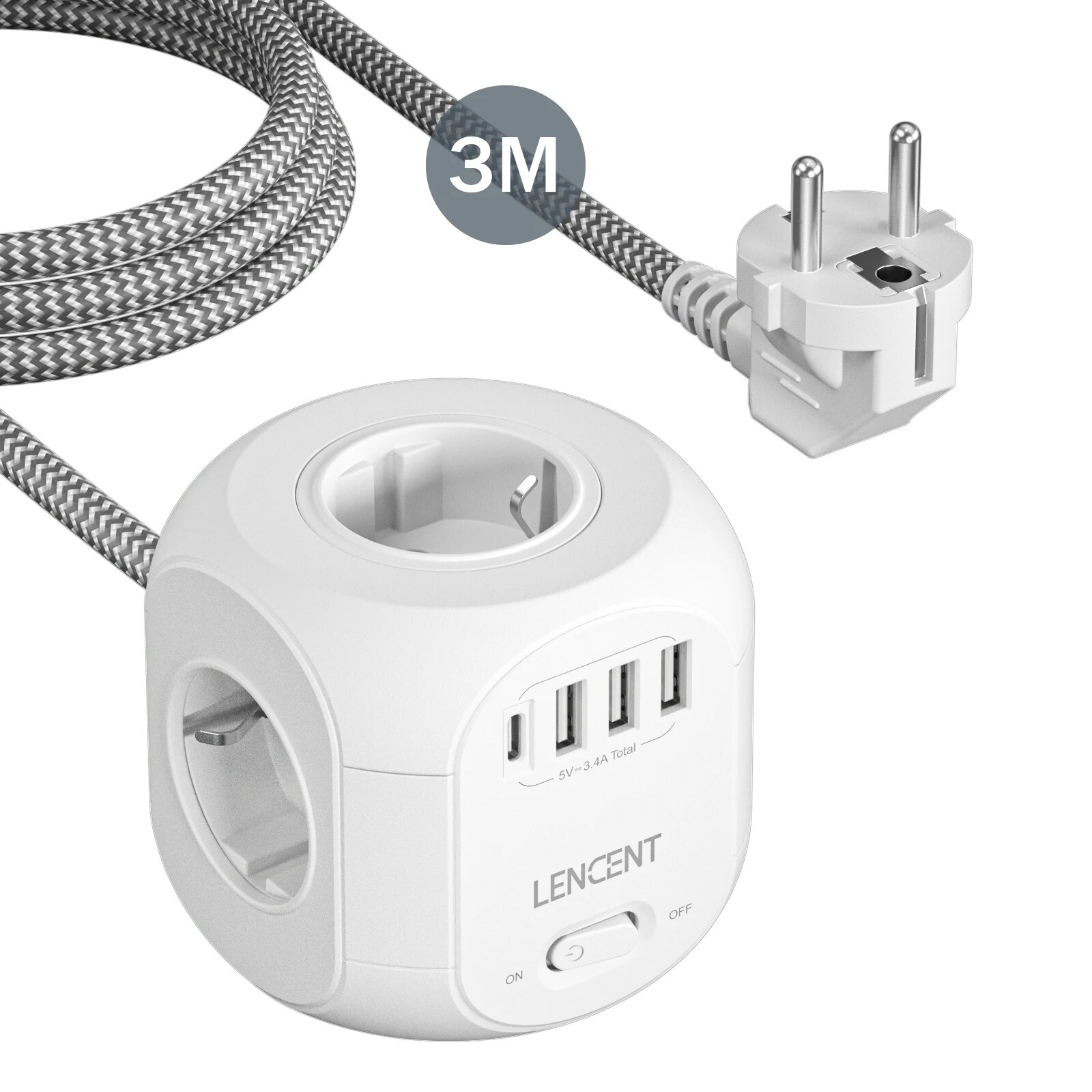 Линцен SL-805E сетевой куб с розетками, 3USB 1 Type C 3M, Вилка европейского стандарта