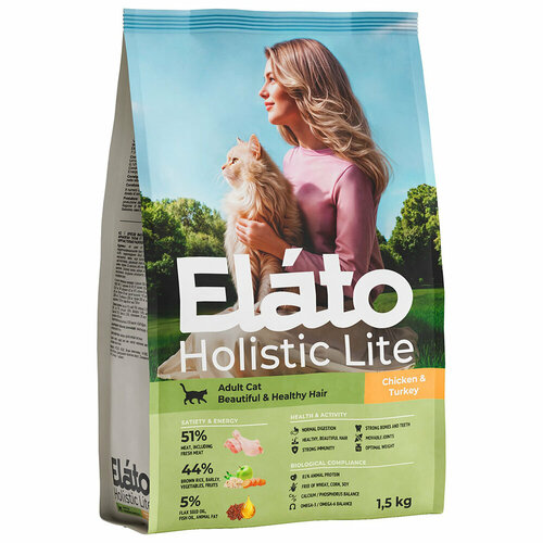 Корм Elato Holistic Lite для взрослых кошекдля здоровой шерсти, с курицей и индейкой, 1,5 кг