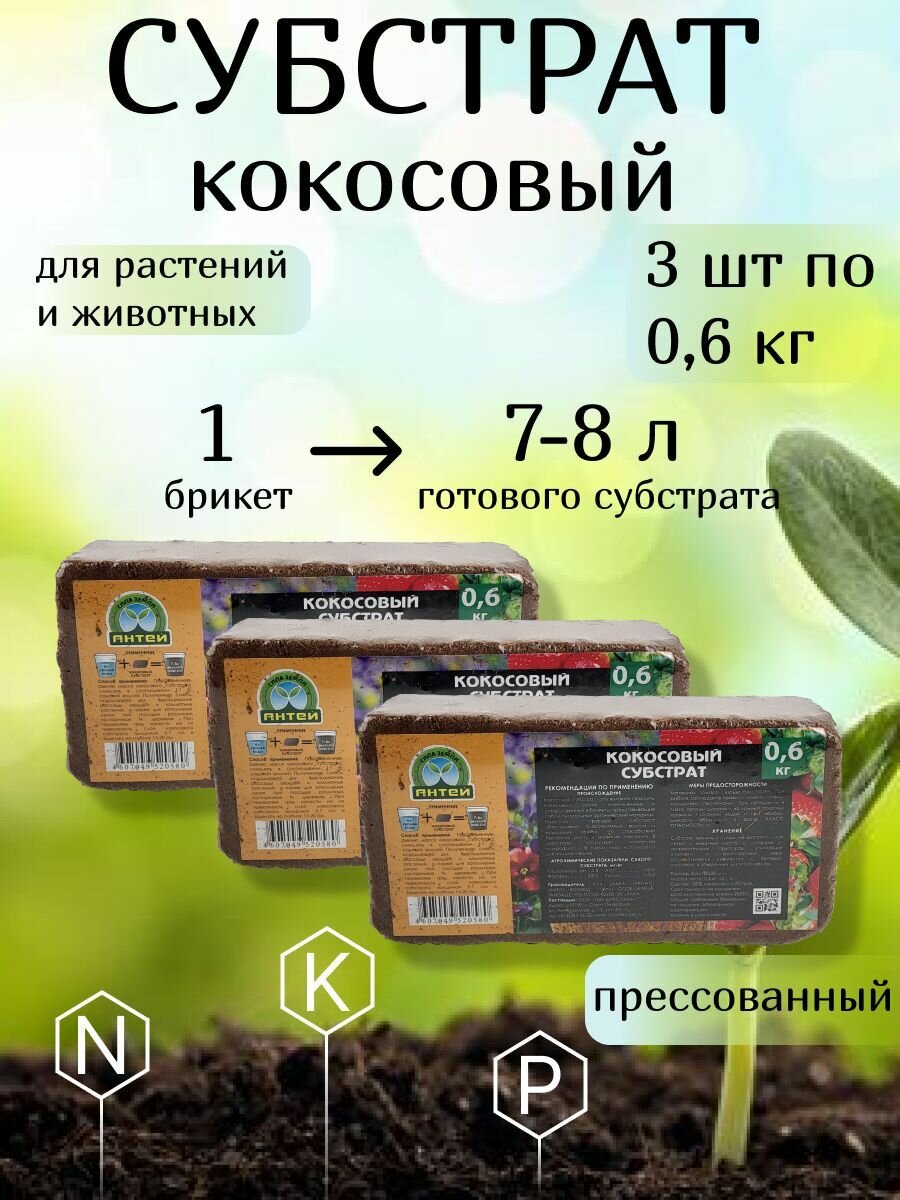 Субстрат кокосовый (брикет/торф/торфобрикет) для растений фасованный, брикет 0.6 кг, 3 штуки