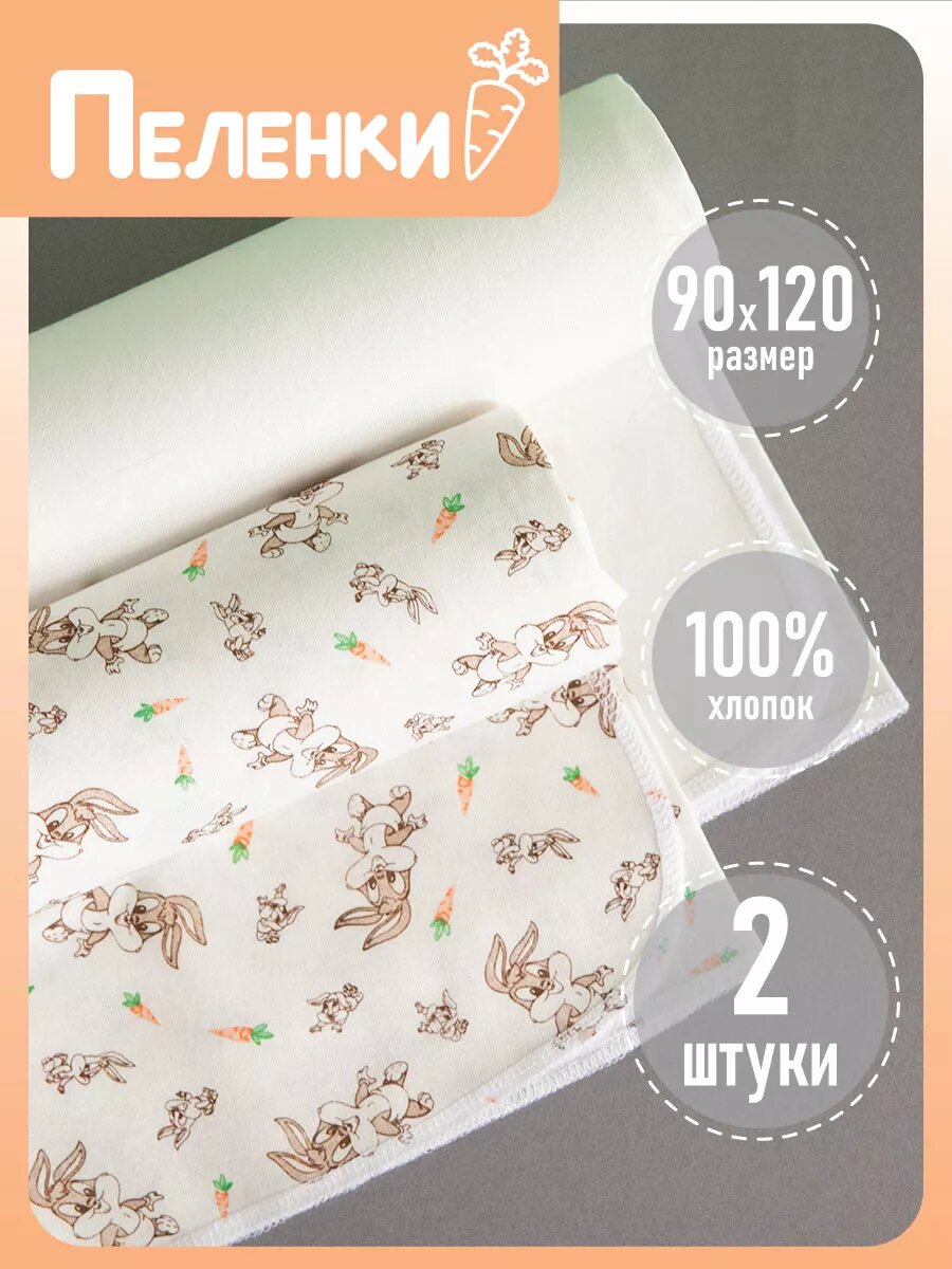 Пеленки для новорожденных хлопок трикотажные Tessolo Home, 90х120, 2 шт, зайчики
