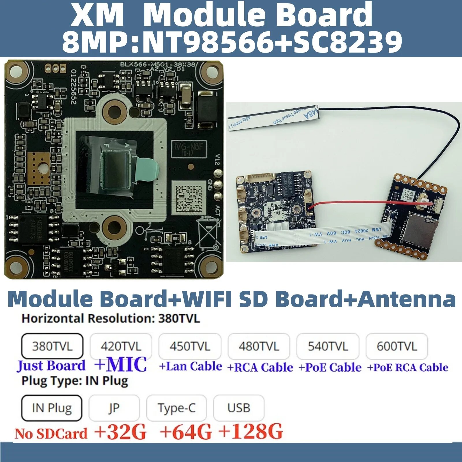 Плата модуля Wi-Fi SDCard 4K 8/5/4MP XM IP-камеры 3840*2160 H.265 Распознавание лиц XMEYE ICsee P2P ONVIF облако, В разъем, 8MP SD WIFI Antenna, 600TVL