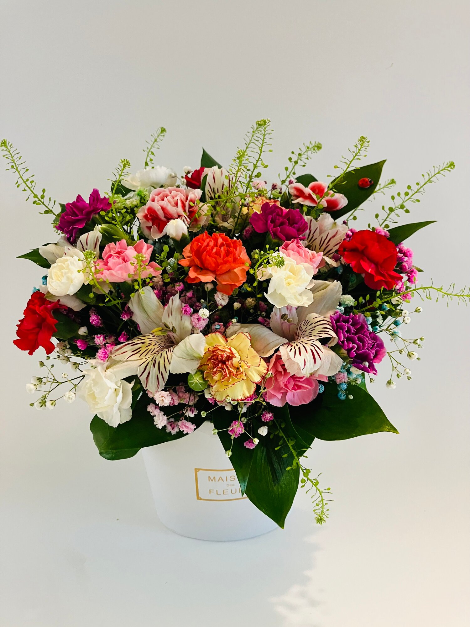 Букет композиция из кустовых гвоздик микс с белой альстромерией в белой коробке Мейсон