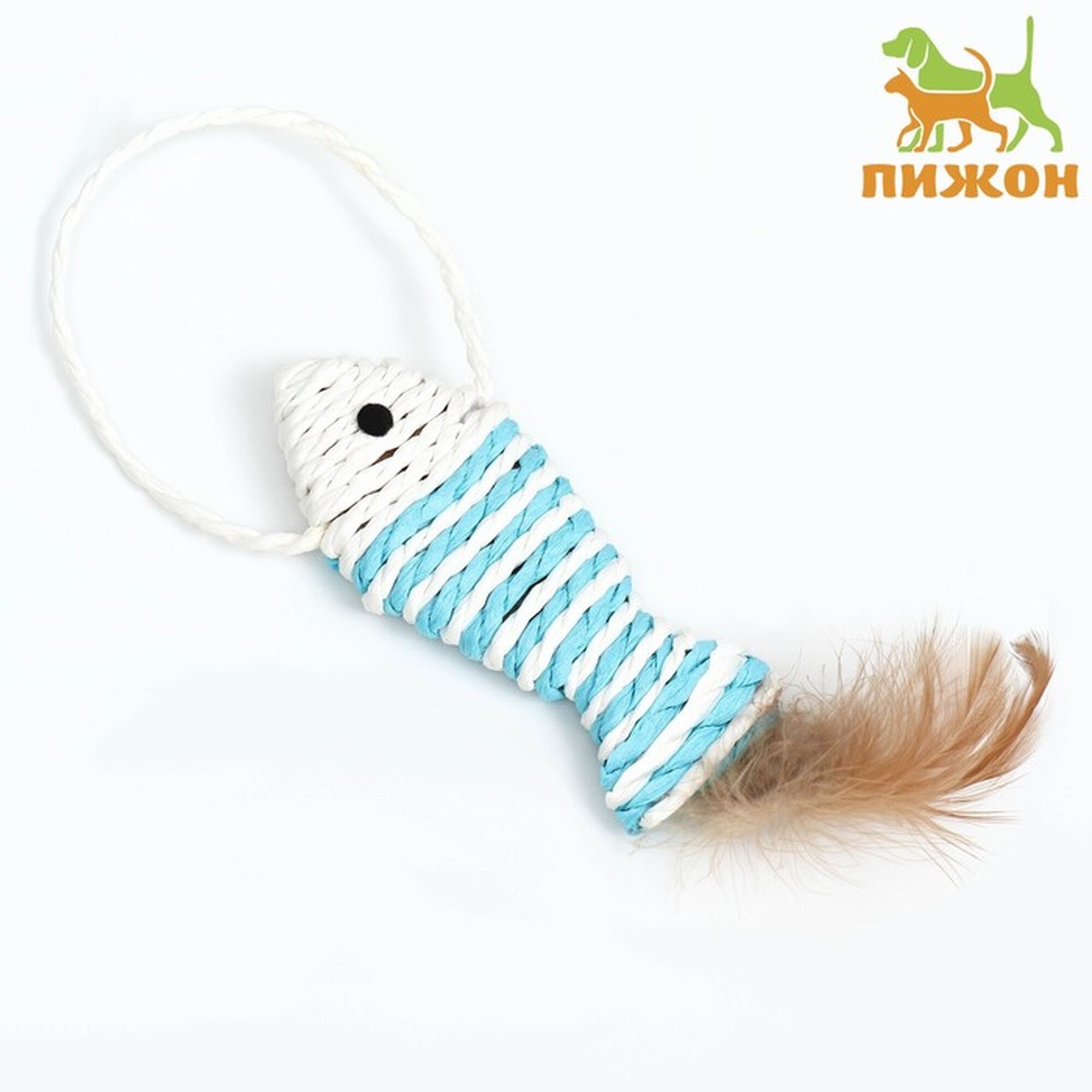 Игрушка Пижон "Рыбка-полосатик", с когтеточкой, перо/сизаль, 11 см, голубой