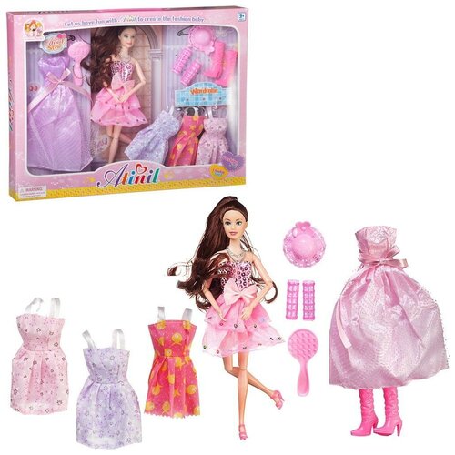 Кукла Junfa Atinil (Атинил) Гардероб модницы На вечеринку (в коротком розовом платье) в наборе с 4 доп. платьями и аксессуарами, 28см WJ-21515/розовое