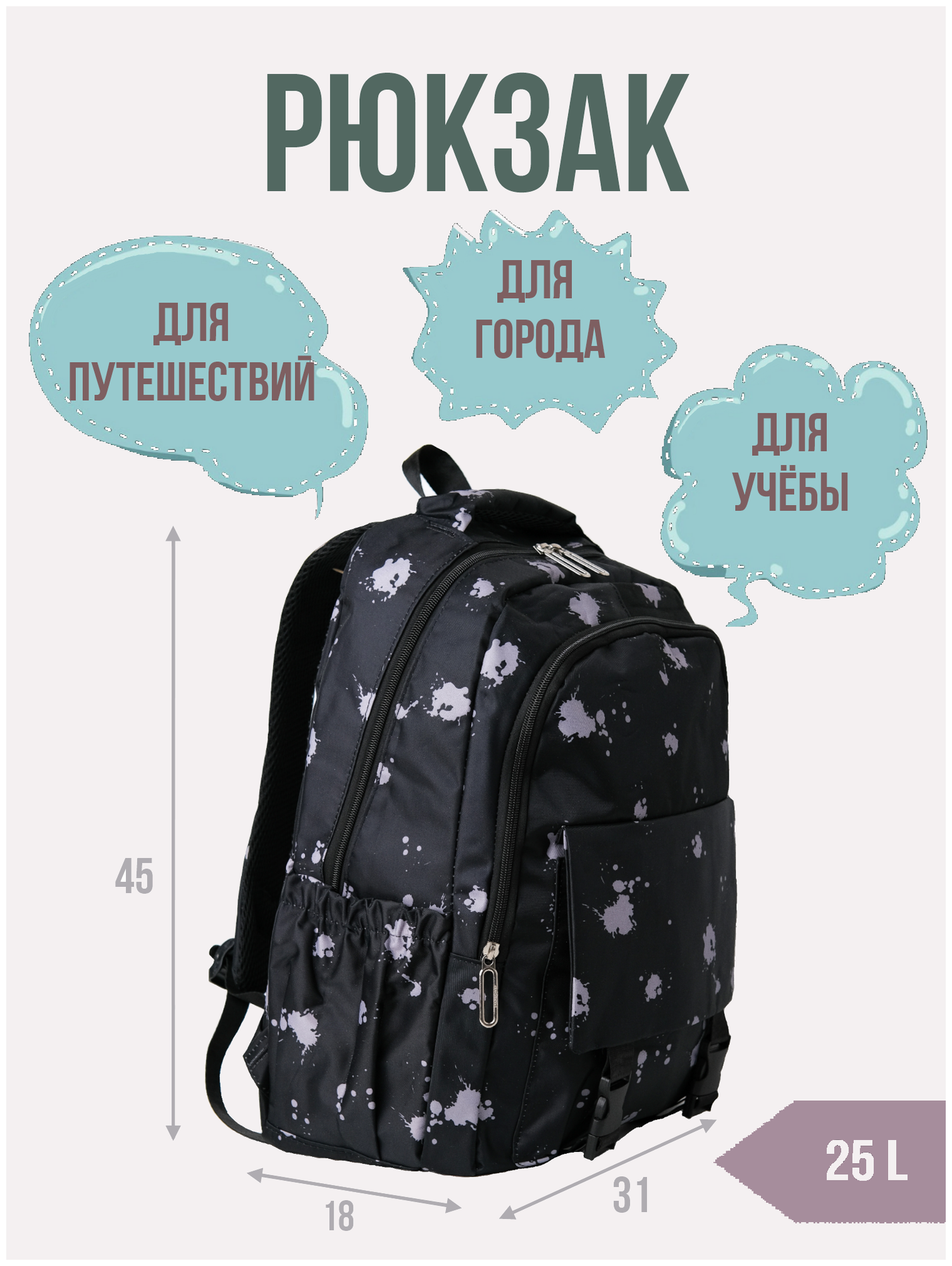 Рюкзак городской универсальный цвет черный размер 45*31*18см
