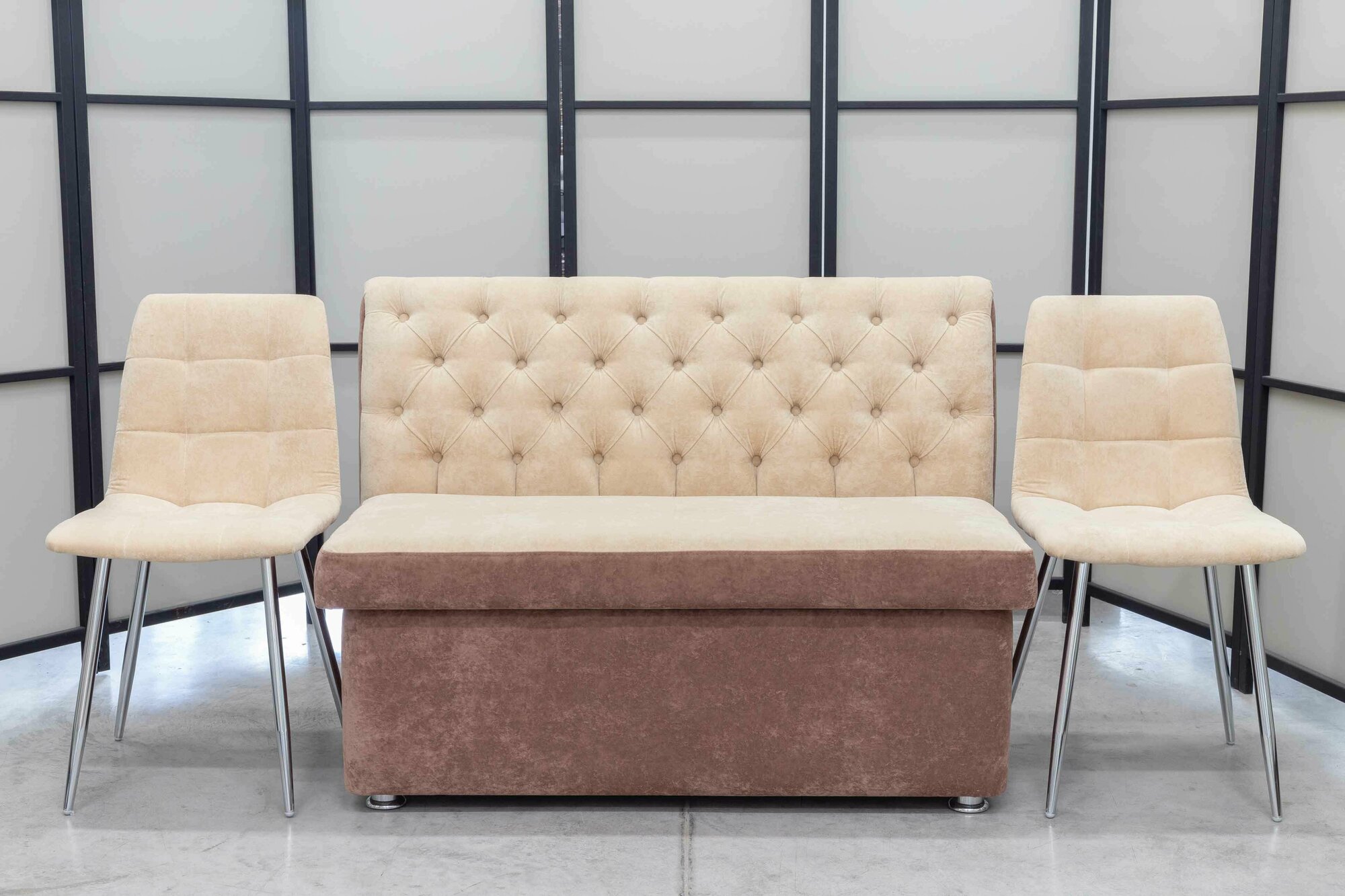 Кухонный диван Монро со стульями (2 шт.), 120х65 см, обивка моющаяся, антивандальная, антикоготь, цвет - крем.