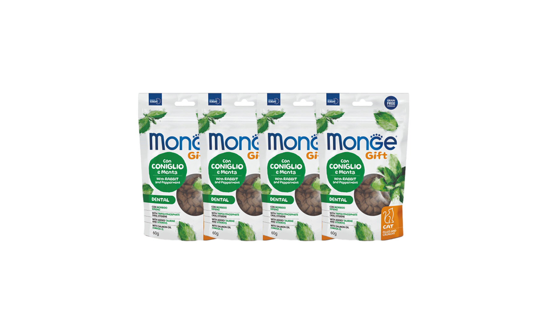 Лакомство Monge Gift Dental для кошек "Хрустящие подушечки с начинкой" с кроликом и перечной мятой для чистки зубов 60 г х 4 шт.