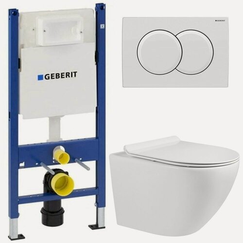 Изображение товара Инсталляция Geberit 111.154.11.1 + кнопка смыва Delta01 115.107.11.1 + унитаз Bloomix Trend MD1203R/UF01 безободковый с сиденьем