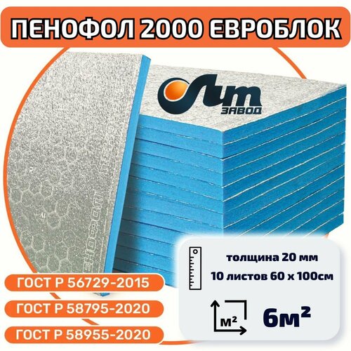 10 листов (6м2) Фольгированный утеплитель Пенофол 2000 тип А (Евроблок) 20 х 600 х 1000 мм