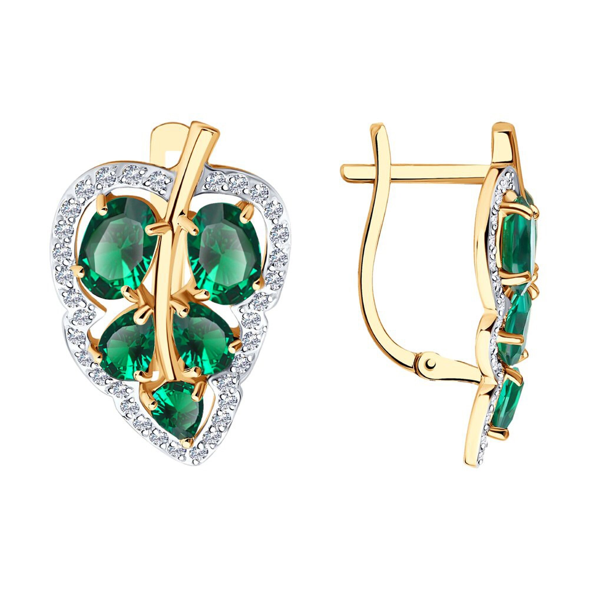 Серьги Diamant online, красное золото, 585 проба, изумруд синтетический, фианит