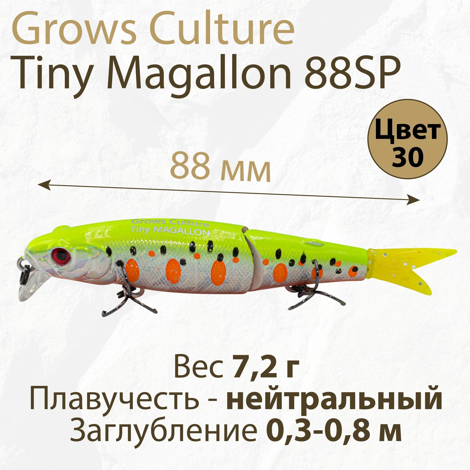 Воблер составной Grows Culture Tiny Magallon 88SP цвет 30 Yellow Watermelon Dots 7,2 г 0,3-0,8 м минноу для ловли щуки, голавля, жереха и форели