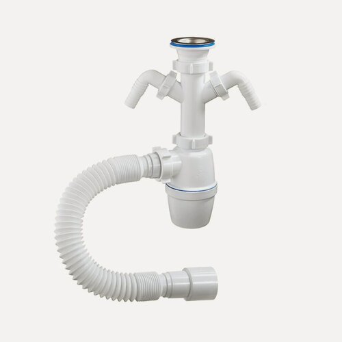 Изображение товара Сифон Orio А-40069 для мойки бутылочный с двумя отводами 1"1/2 с гофрой 40х40/50