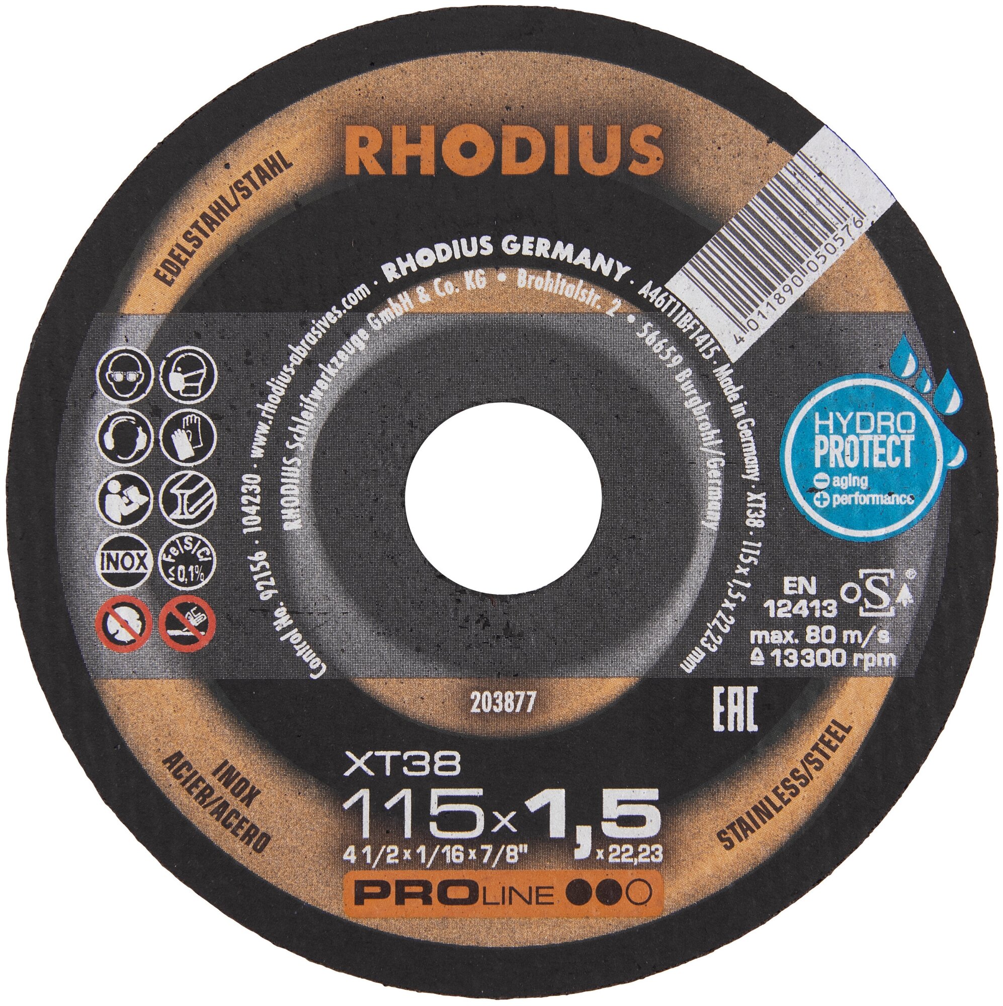 Отрезной прямой тонкий диск RHODIUS по стали XT38 для болгарки/УШМ, чистый рез без искр, 115 x 1,5 x 22,23 мм