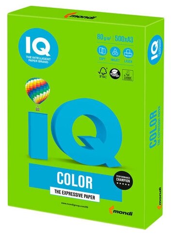 Бумага цветная IQ color большой формат (297х420 мм), А3, 80 г/м, 500 л, интенсив, ярко-зеленая, MA42