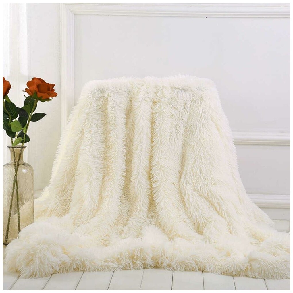 фото Пушистый меховой плед покрывало с длинным ворсом шиншилла травка 210х220 см, цвет молочный