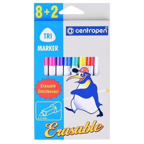 Фломастеры стираемые Centropen Erasable, 8цв.+2 стирателя, 10шт, смываемые, картон, европодвес