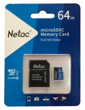 Карта памяти Netac MicroSD 64GB U1C10 80Mb/s+adp