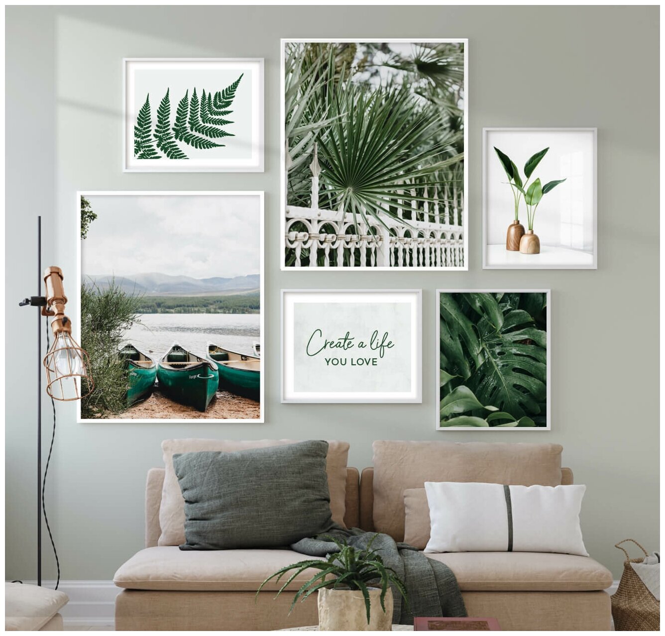 6 постеров без рамки "Зеленые растения и лодка на берегу озера" в тубусе / Набор постеров картин для интерьера / Картина для интерьера