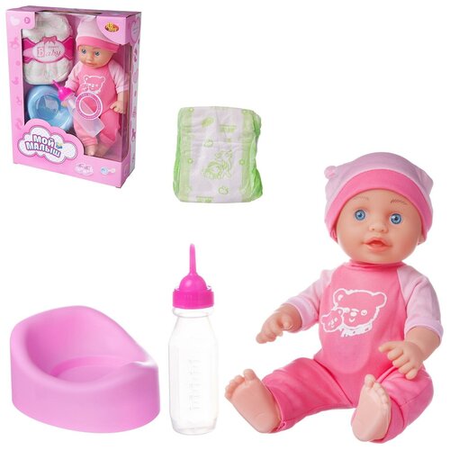 фото Кукла abtoys пупс "мой малыш" (темно-розовый комбинезон), 35см, в наборе с аксессуарами, со звуковыми эффектами, в коробке