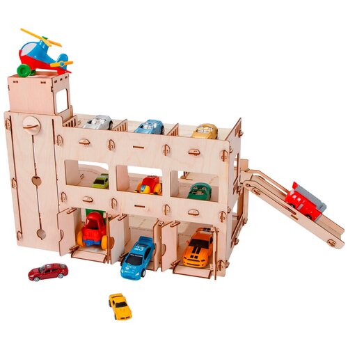 фото Детская многоуровневая игрушечная парковка для машинок деревянная . модель для сборки + гараж с лифтом pollika
