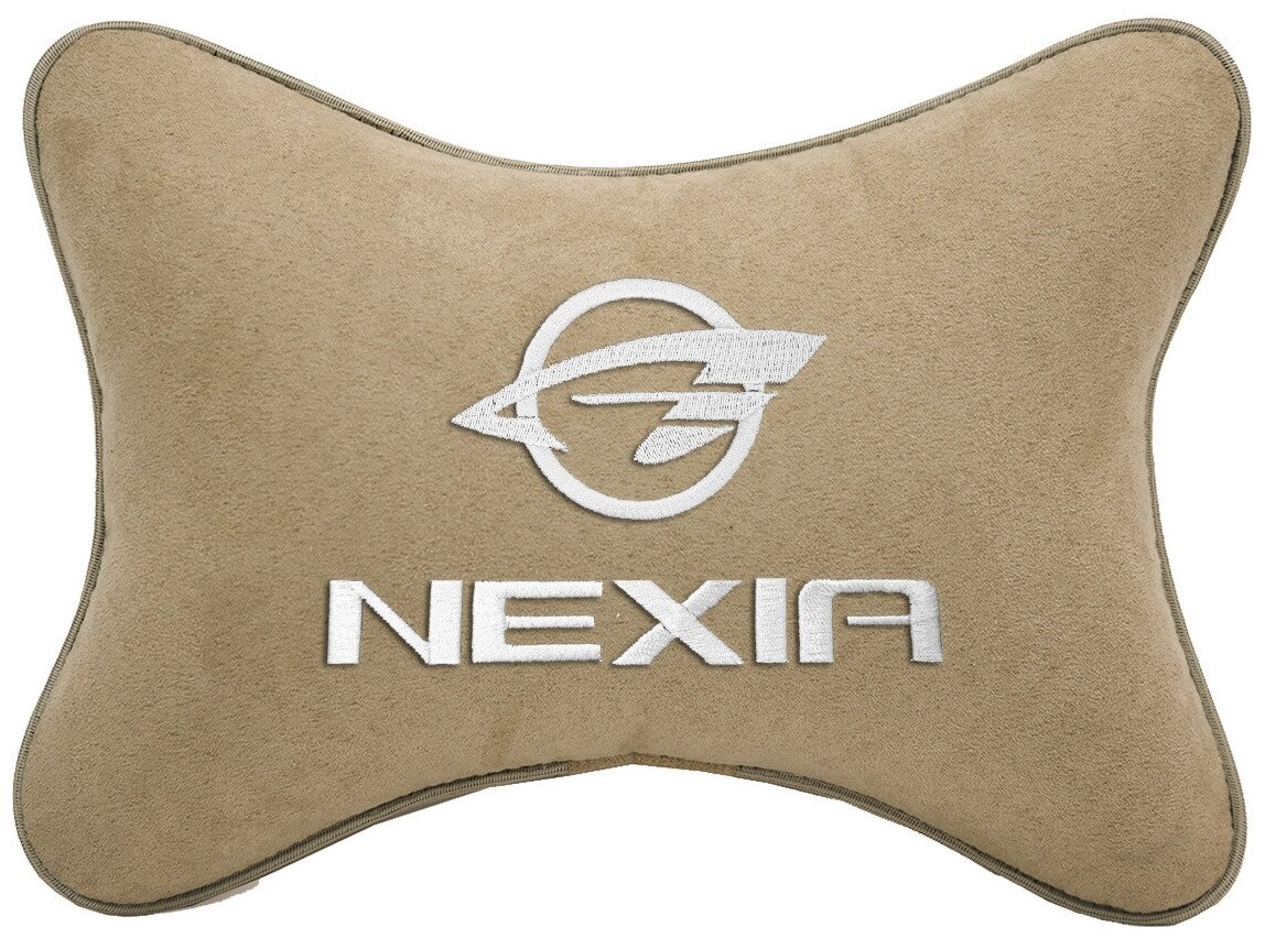 Автомобильная подушка на подголовник алькантара Beige c логотипом автомобиля RAVON Nexia