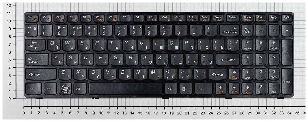 Клавиатура для ноутбука Lenovo B570-RU черная с черной рамкой ножка крепежа в отдалении от шлейфа