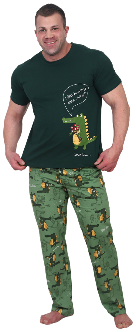 Мужская пижама Крокодильчики Зеленый размер 48 Кулирка Оптима трикотаж футболка с коротким рукавом брюки с краманами - фотография № 1
