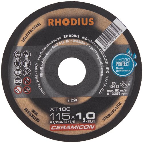 Отрезной прямой тонкий диск XT100 RHODIUS для болгарки/УШМ, 115 x 1,0 x 22,23 мм