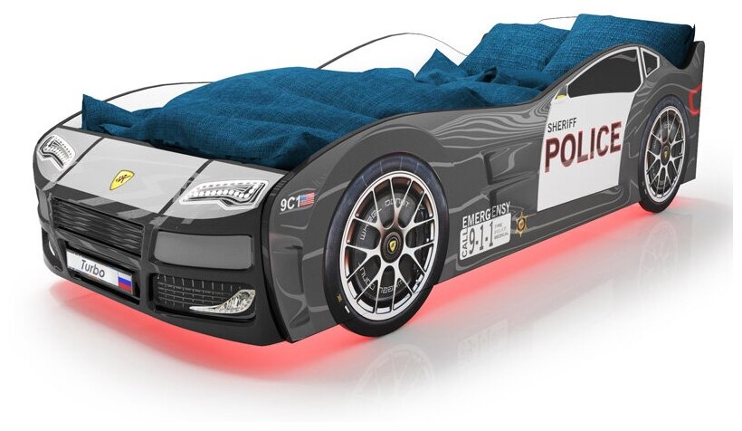 Кровать машина полиция с объемный бампером и матрасом Стандарт+ 160*70см