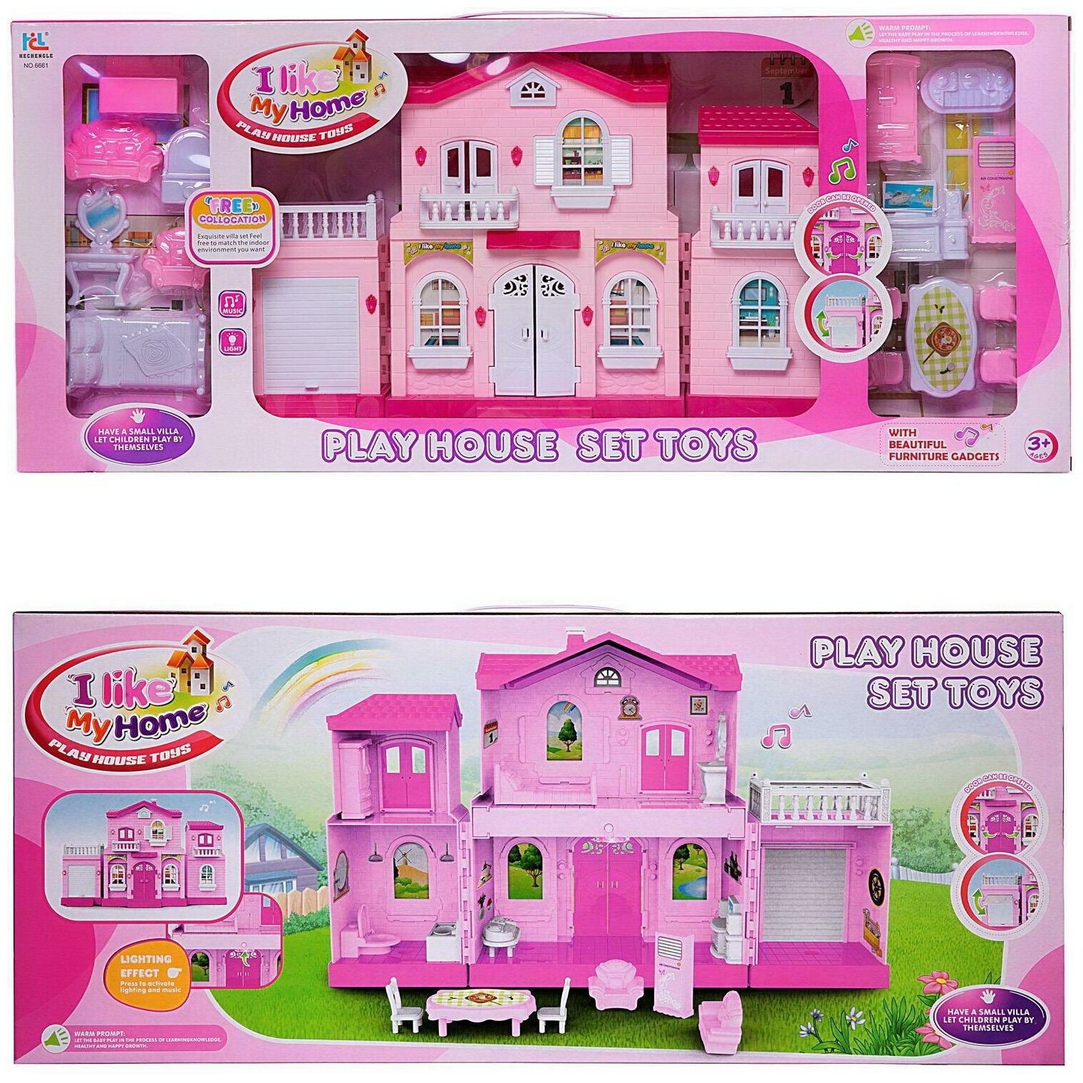 Кукольный дом Junfa "Мой новый дом" с мебелью, средний, сборный, розовый WK-15509
