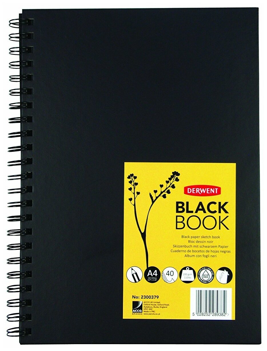 Блокнот Derwent Black Book 200 гр.кв.м., 21*29.7 см 40 листов, черная бумага, портрет