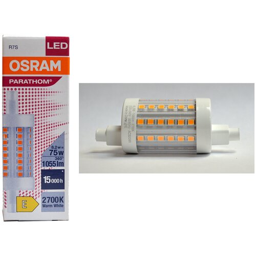 Лампочка светодиодная OSRAM Трубка линейная двухцокольная R7s 78mm R7s 8,19Вт 220В 1055Лм 2700К Теплый белый , уп. 1шт