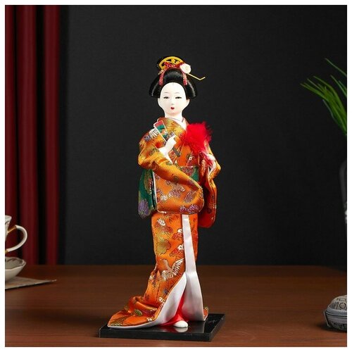фото Кукла коллекционная "гейша в оранжевом кимоно с веером