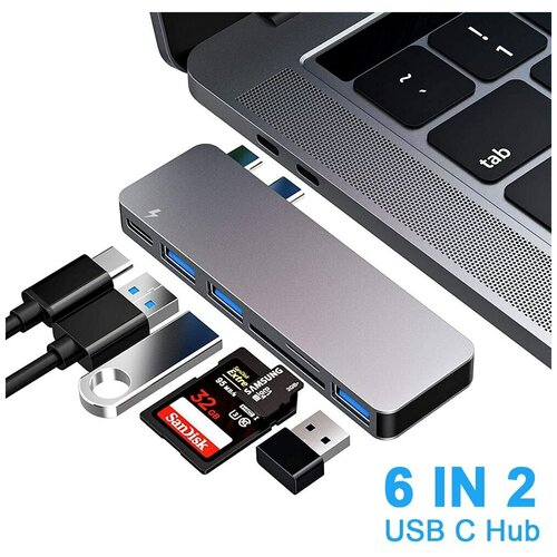 USB-концентратор (хаб, адаптер, переходник) Aluminum Type-C 6 в 1 (Gray) для MacBook usb концентратор адаптер переходник aluminum type c 5 в 1 gray для macbook