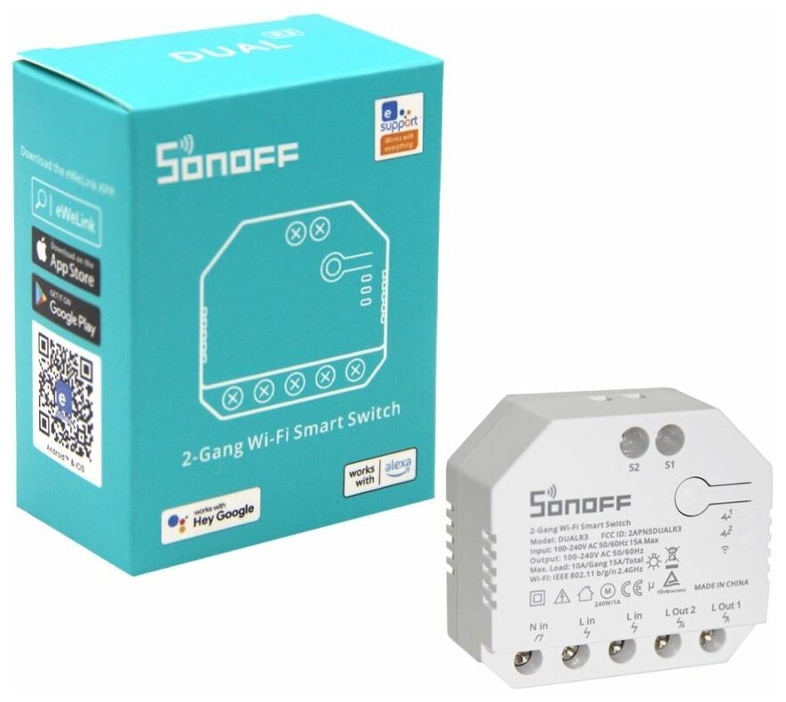 Sonoff Dual R3 WiFi умный двухканальный модуль 10-15А (Алиса Alexa Google Assistant Siri и др.)