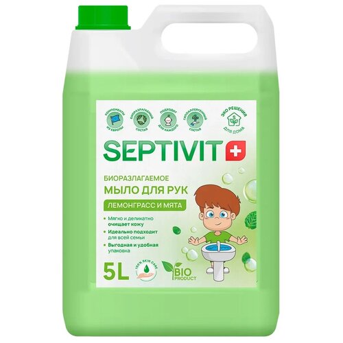 Купить Жидкое мыло для рук SEPTIVIT Premium / Мыло туалетное жидкое Септивит / Гипоаллергенное, детское мыло / Лемонграсс и мята, 1 литр (1000 мл.)