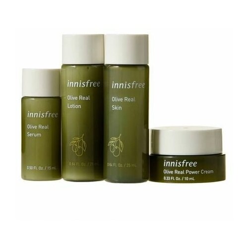 Набор миниатюр ухода для лица INNISFREE Olive Real Special Kit 4 с экстрактом оливы (тонер 25 мл, эмульсия 25 мл, крем 10 мл, сыворотка 15 мл)