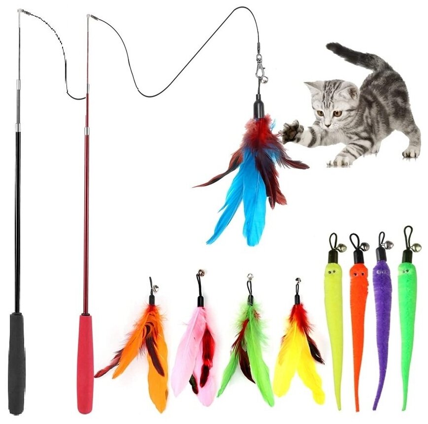 Набор игрушек для кошек 2 телескопические удочки-дразнилки 9 насадок PetLeon