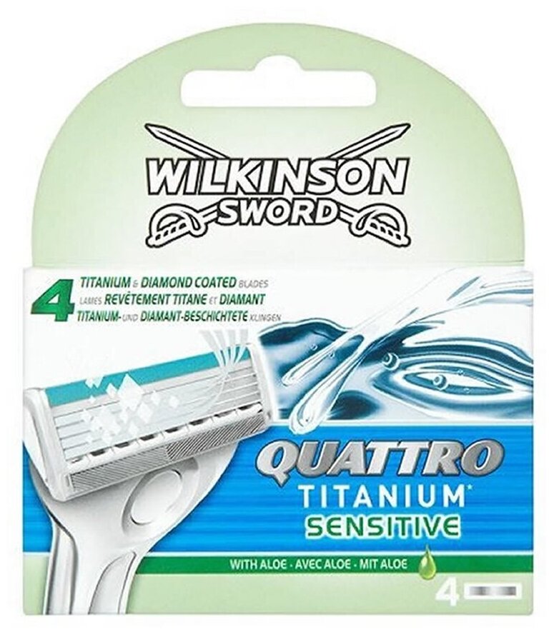 Сменные кассеты WILKINSON SWORD Schick QUATTRO TITANIUM SENSITIVE (4 сменные кассеты), 4-лезв. + лезвие-триммер, увл. полоска